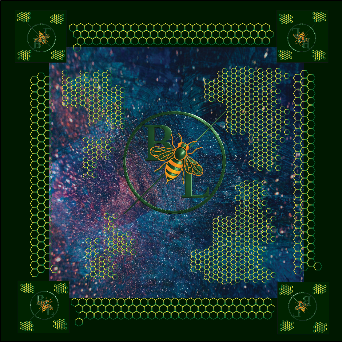 Decorative design with a bee and honeycomb pattern on a dark background