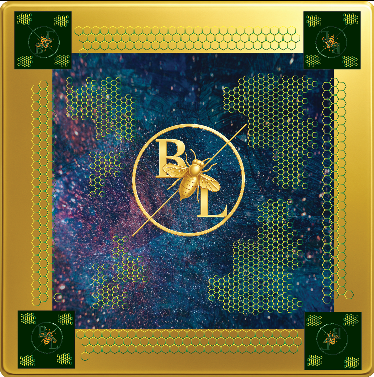 Decorative card with gold bee logo and honeycomb patterns on a blue background